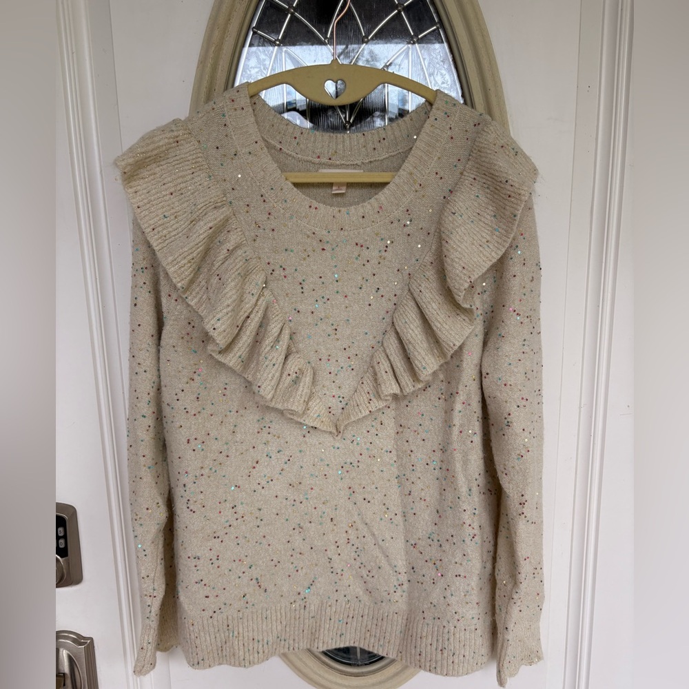 LC Lauren Conrad Speckled Cream Ruffle Sweater